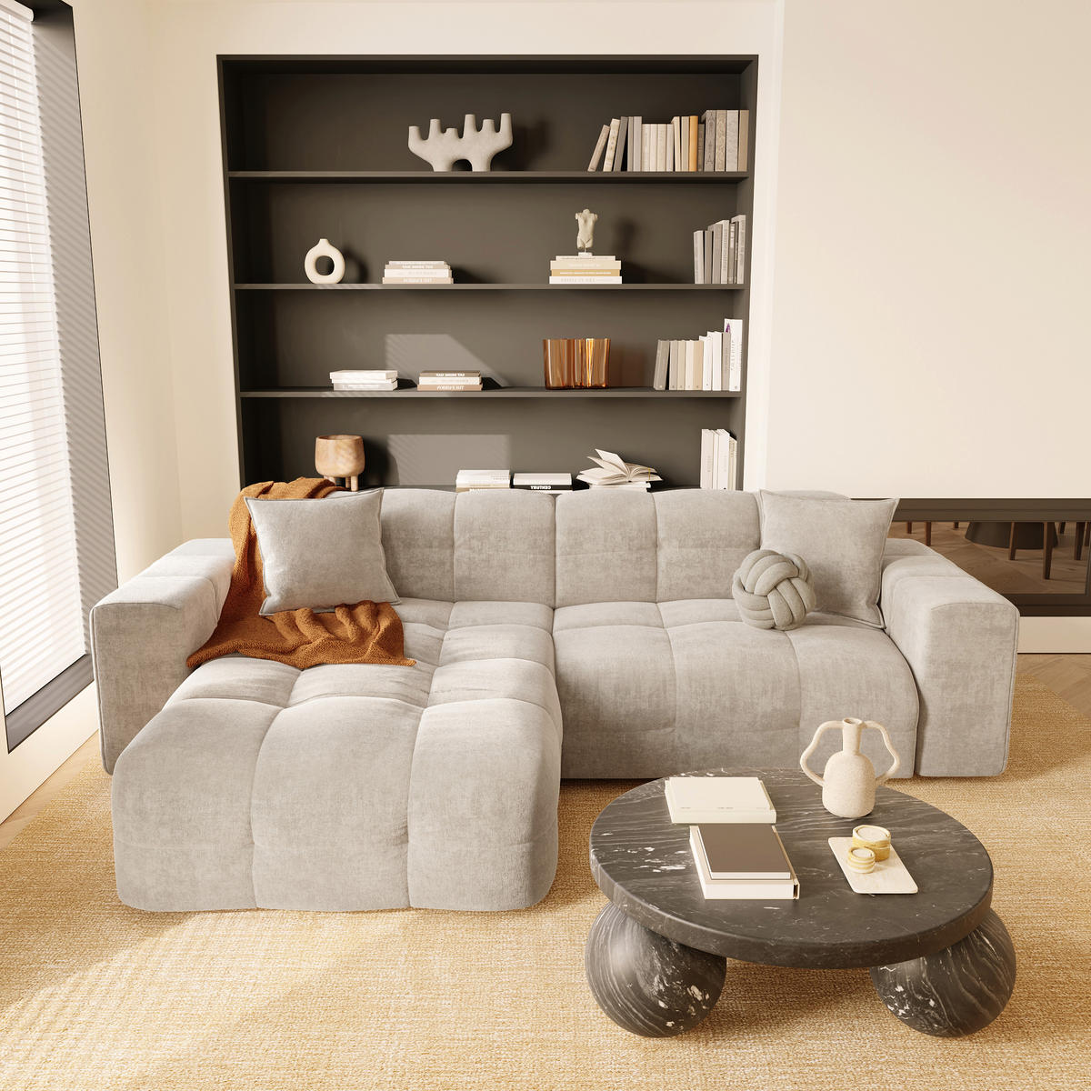 ECKSOFA LINKS Samt Creme 230cm - Creme, Textil (155/230cm) - Sia Home