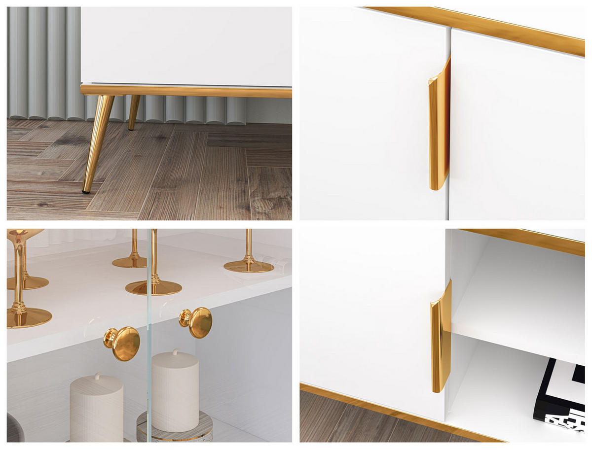 WOHNZIMMER-SET Viterbo Alpinweiß matt / goldfarben 3-teilig - Goldfarben/Weiß, Holz/Holzwerkstoff (422/130/40cm) - Feldmann-Wohnen