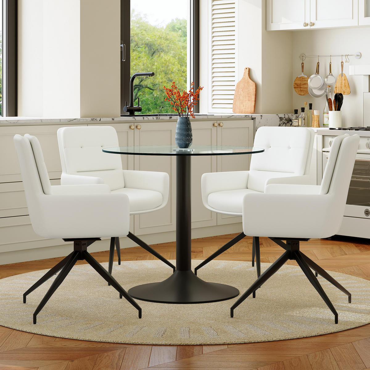 ESSGRUPPE DE-39489 5-teilig, Glastisch und 4 Drehstühlen Weiß - Weiß, Metall (85/75/85cm) - ComfortXL