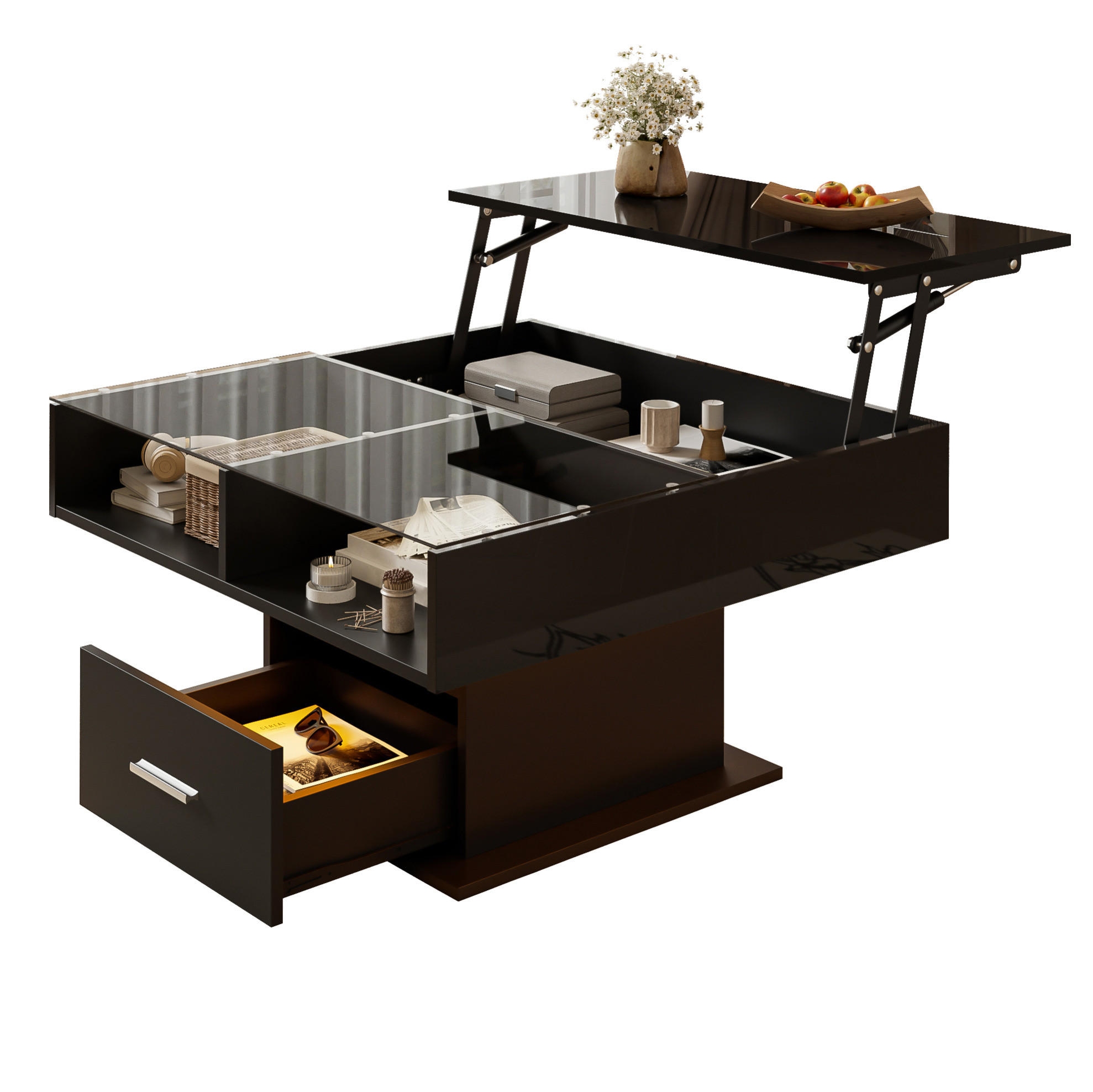 COUCHTISCH 78/78/45,5-59,5 cm mit LED-Beleuchtung und höhenverstellbarer Platte - Schwarz, Holzwerkstoff (78/78/59.5cm) - Flora Grace