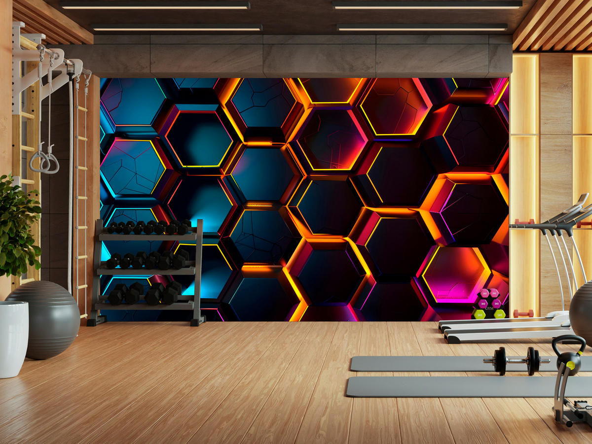 FOTOTAPETE für Jugendzimmer Schwarz Neon Hexagone 400x280 - Gelb/Schwarz, Papier (400/280cm) - Muralo