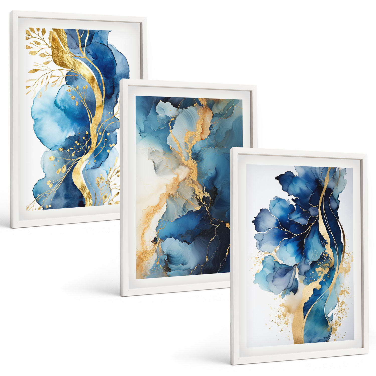 BILDER SET 3er Set - 40x60 cm Weißer Rahmen - Blaue abstrakte Muster - Weiß, Kunststoff (40/60cm) - TULUP