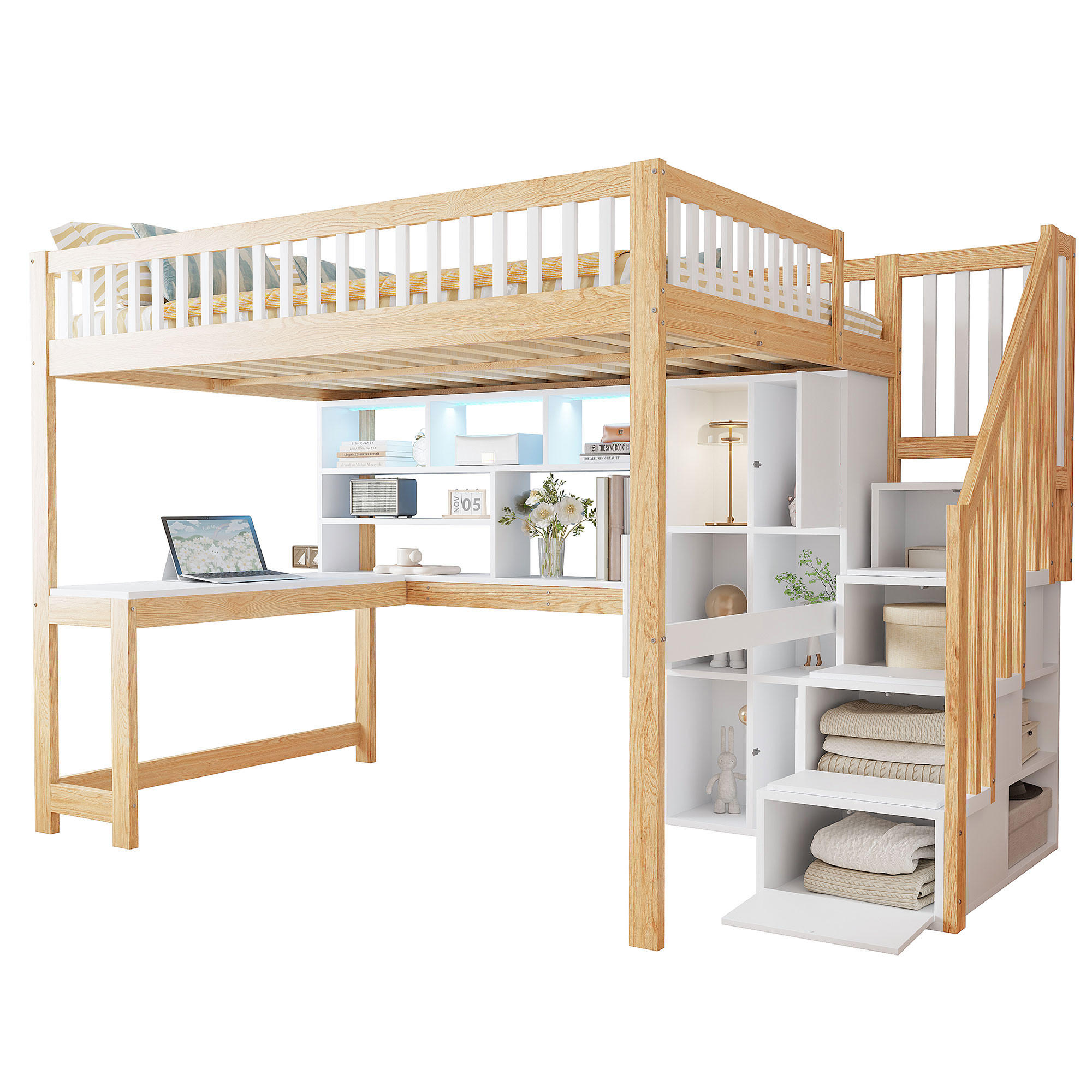 HOCHBETT 140x200cm Weiß + Natur LED-Licht Ablageleiter Schreibtisch - Multicolor, Holz (140/200cm) - FLIEKS