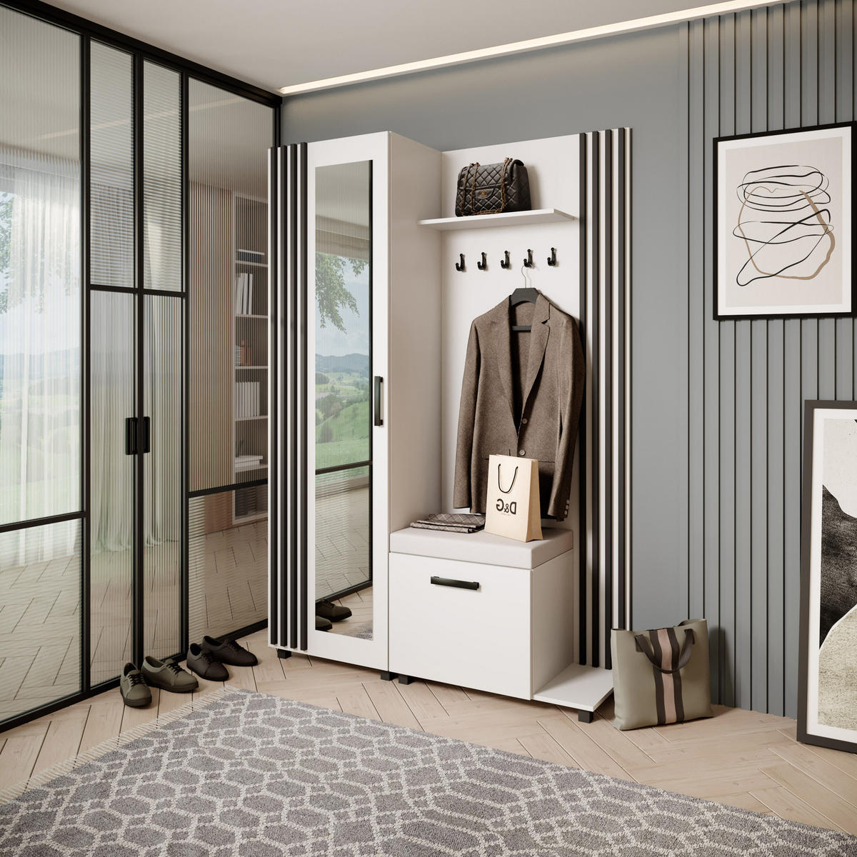 GARDEROBENSCHRANK Livia mit Aufhängern und Spiegel, Weiß, rechts - Schwarz, Holzwerkstoff (137/207/42cm) - Beautysofa