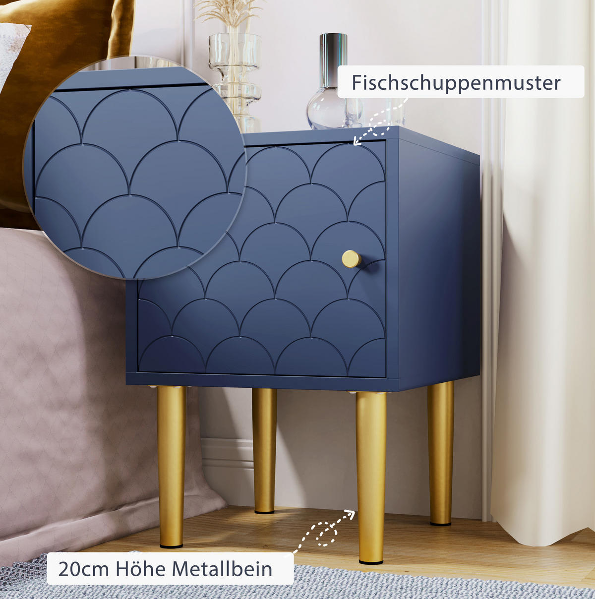 NACHTTISCH aus Holz und Metall 35x35x51 cm Marineblau mit Fischschuppenmuster und flexibel montierbarem Griff - Dunkelblau, Holzwerkstoff (35/51/35cm) - Modfu
