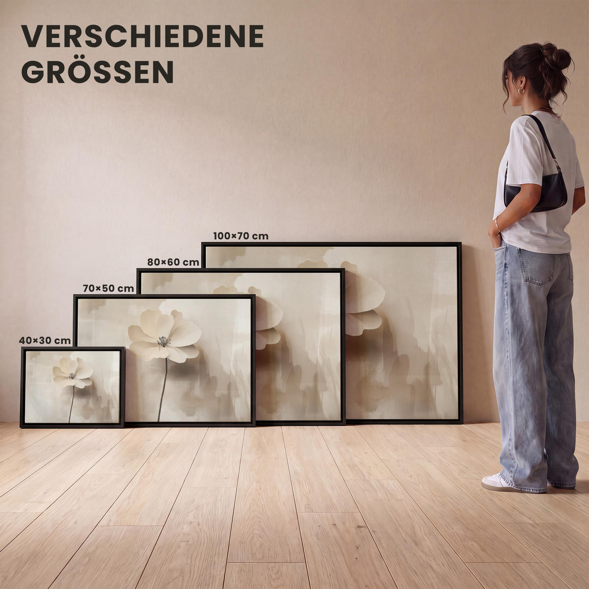 LEINWAND Bilder mit Rahmen - Blume - Beige - Farbe - Schatten - 100x70 - Creme, Textil (100/70cm) - MuchoWow