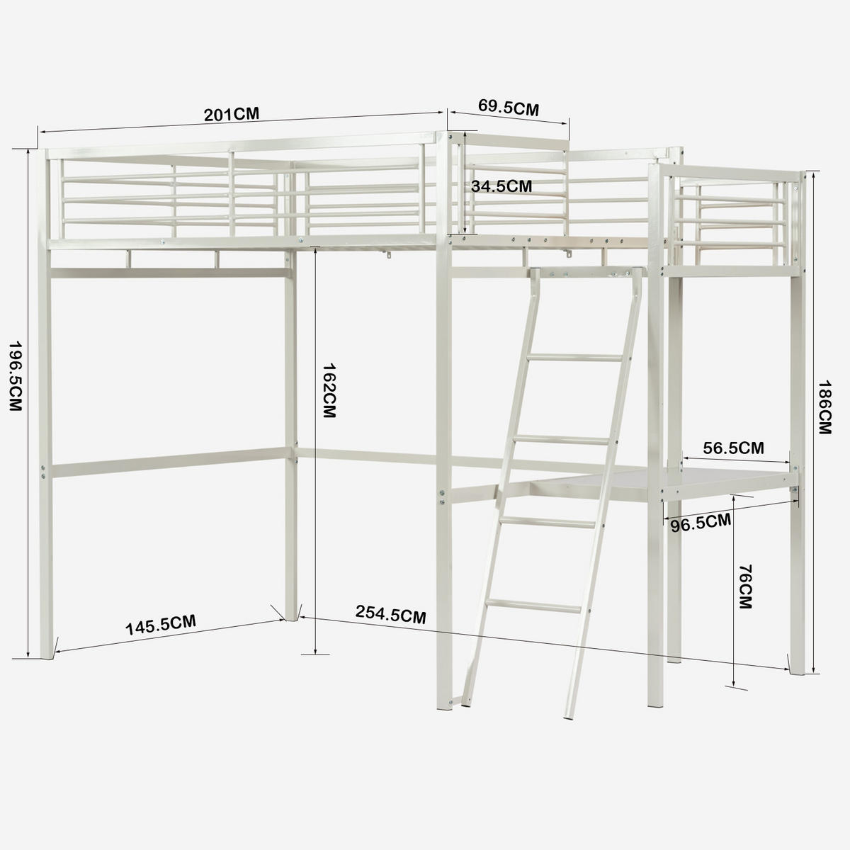 HOCHBETT Metall Weiß 140x200 cm – Loftbett mit Arbeitsbereich, Leiter und Sicherheitsgeländer - Weiß, Metall (145.5/201cm) - Meubles Cosy