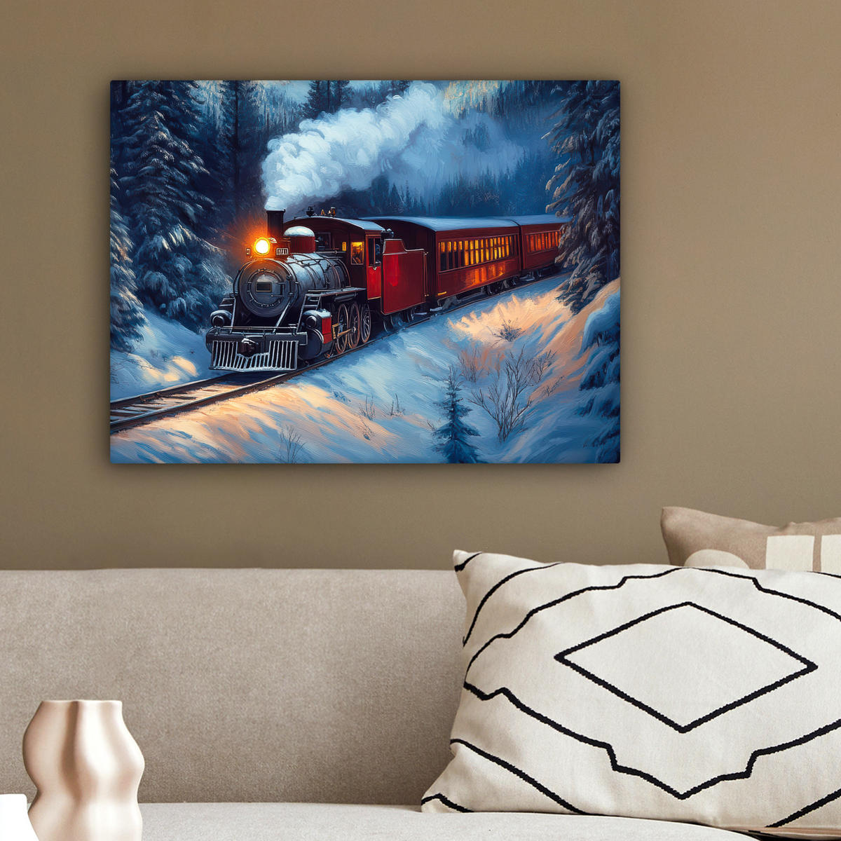 LEINWANDBILD Zug - Weihnachten - Schnee - Weihnachtszug 40x30 cm - Anthrazit, Textil (40/30cm) - MuchoWow