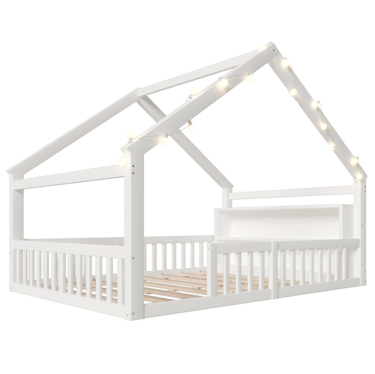 HAUSBETT aus Kiefernholz 140x190 cm Weiß mit Schutzgitter, Seitenregalen und Hausdesign mit Lichtperlen - Weiß, Holzwerkstoff (140/190cm) - Modfu