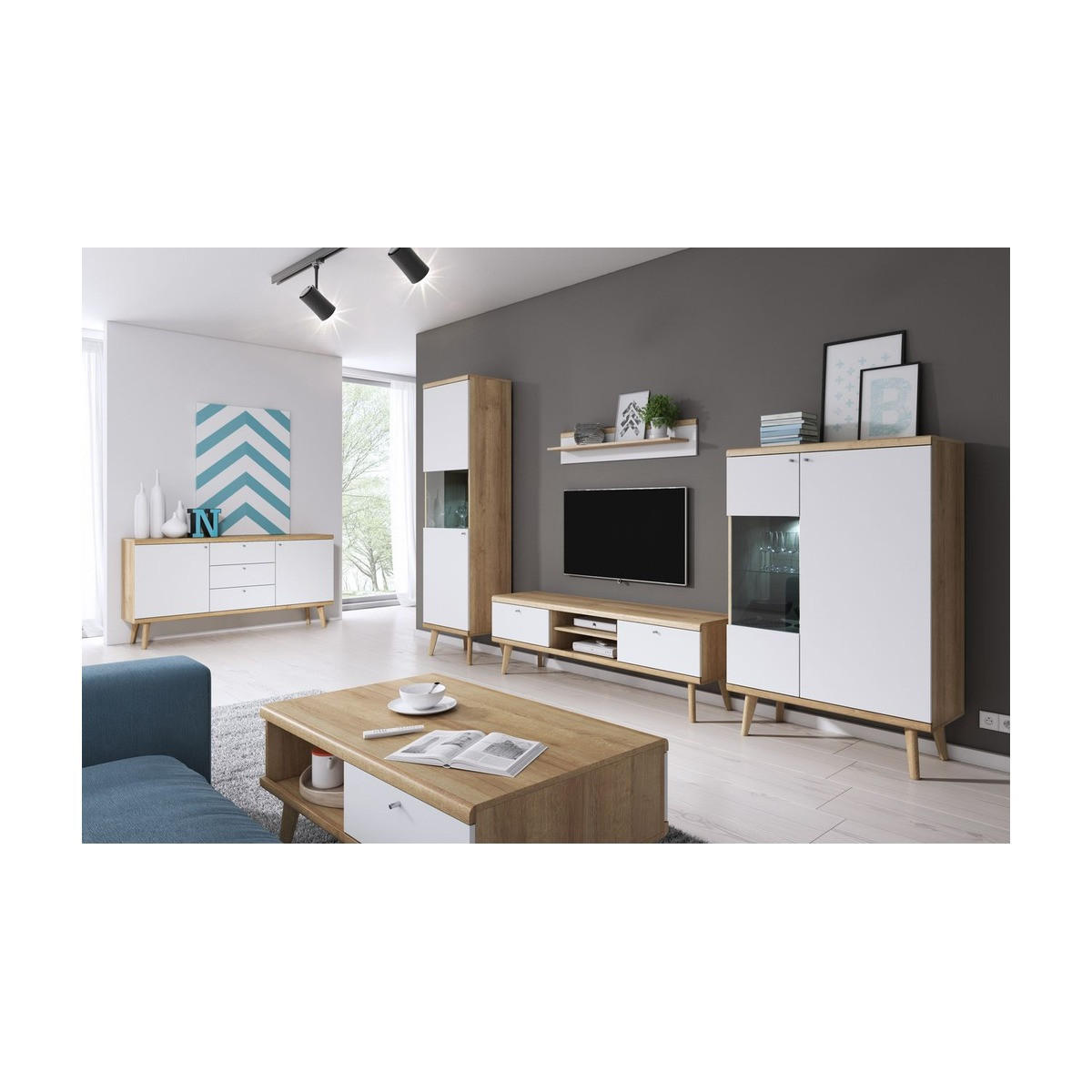 WOHNZIMMER Set 6-tlg. – Primo – Weiß / Sonoma Eiche - Weiß, Holzwerkstoff (160/50/40cm) - hi-markt