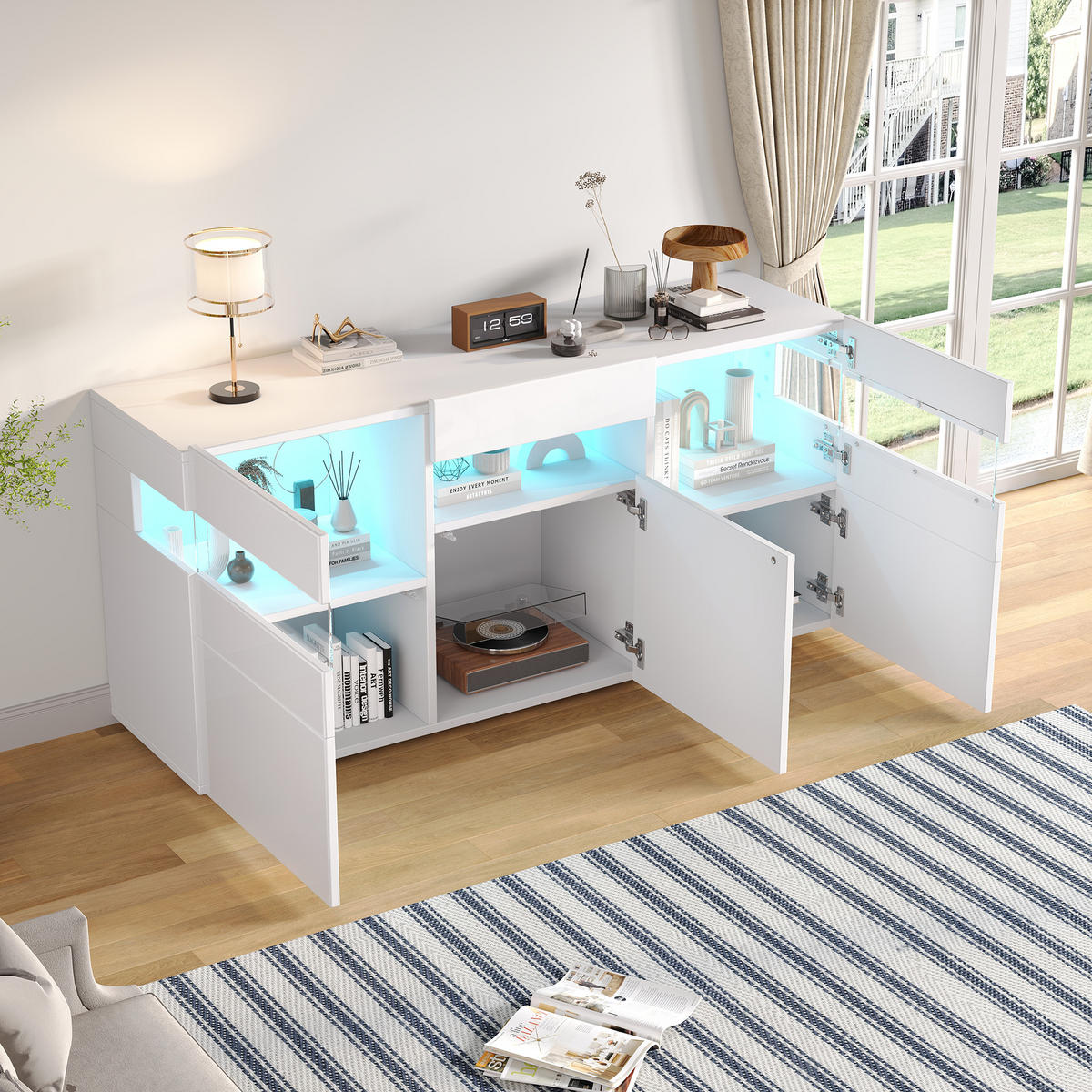 SIDEBOARD 140cm Hochglanz LED 3 Türen 7 Fächer Weiß modern - Weiß, Holzwerkstoff (40.5/66.5/140cm) - FLIEKS
