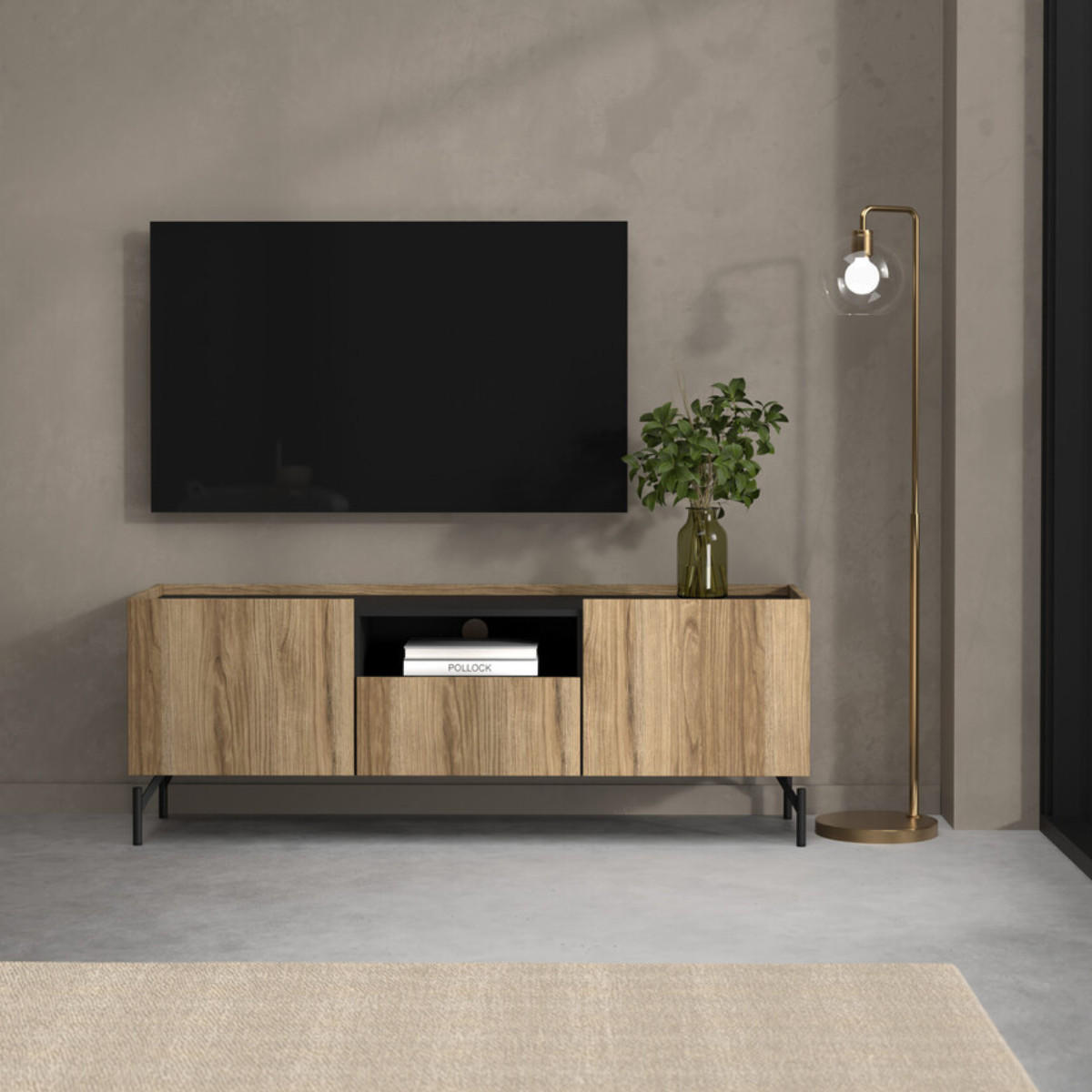 57. TV-MÖBEL mit 2 Türen 1 Schublade Dekor und matt schwarz billie 147/41,3/54 cm - Schwarz, Holzwerkstoff (41.3/54/147cm) - Calicosy