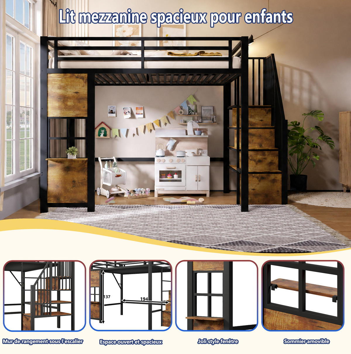 HOCHBETT 140x200 cm in Schwarz mit Stauraumtreppe und offenem Spielbereich - Schwarz, Holzwerkstoff (140/200cm) - IVMEU