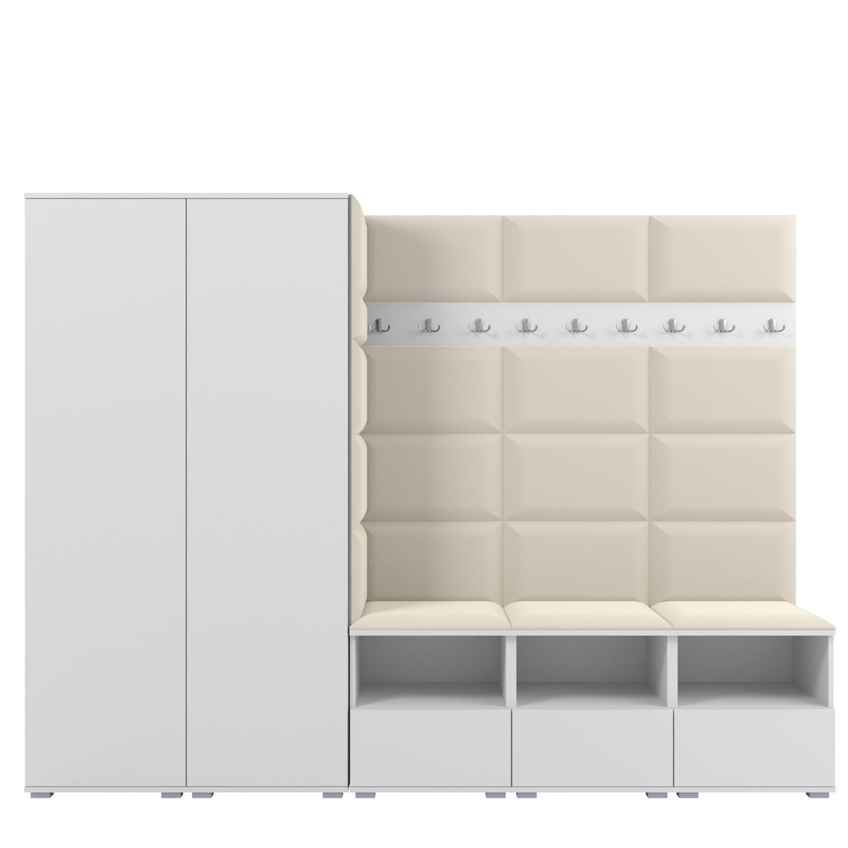 GARDEROBE NELA VII 250 cm (Modulare Flurmöbel XL Weiß mit Sitzpolster Creme 01 2 Schränke) - Silberfarben/Creme, Holz/Holzwerkstoff (250/187/40cm) - Ravio