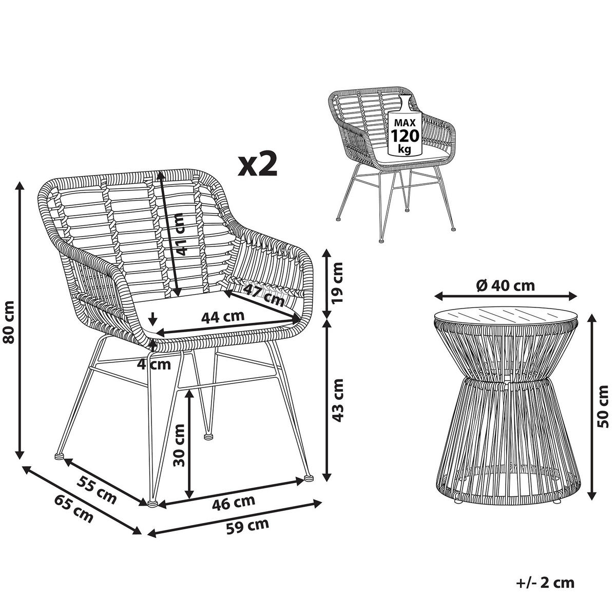 BALKONSET 2-Sitzer Rattan natürlich Auflagen hellgrau Trestina - Beige/Schwarz, Kunststoff - Beliani