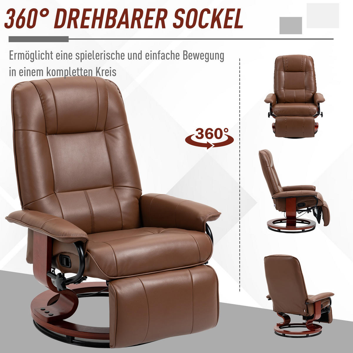 RELAXSESSEL Drehbar Fernsehsessel mit Liegefunktion, Fußstütze Kunstleder Braun - Braun, Holz/Kunststoff (87/100/78cm) - HOMCOM