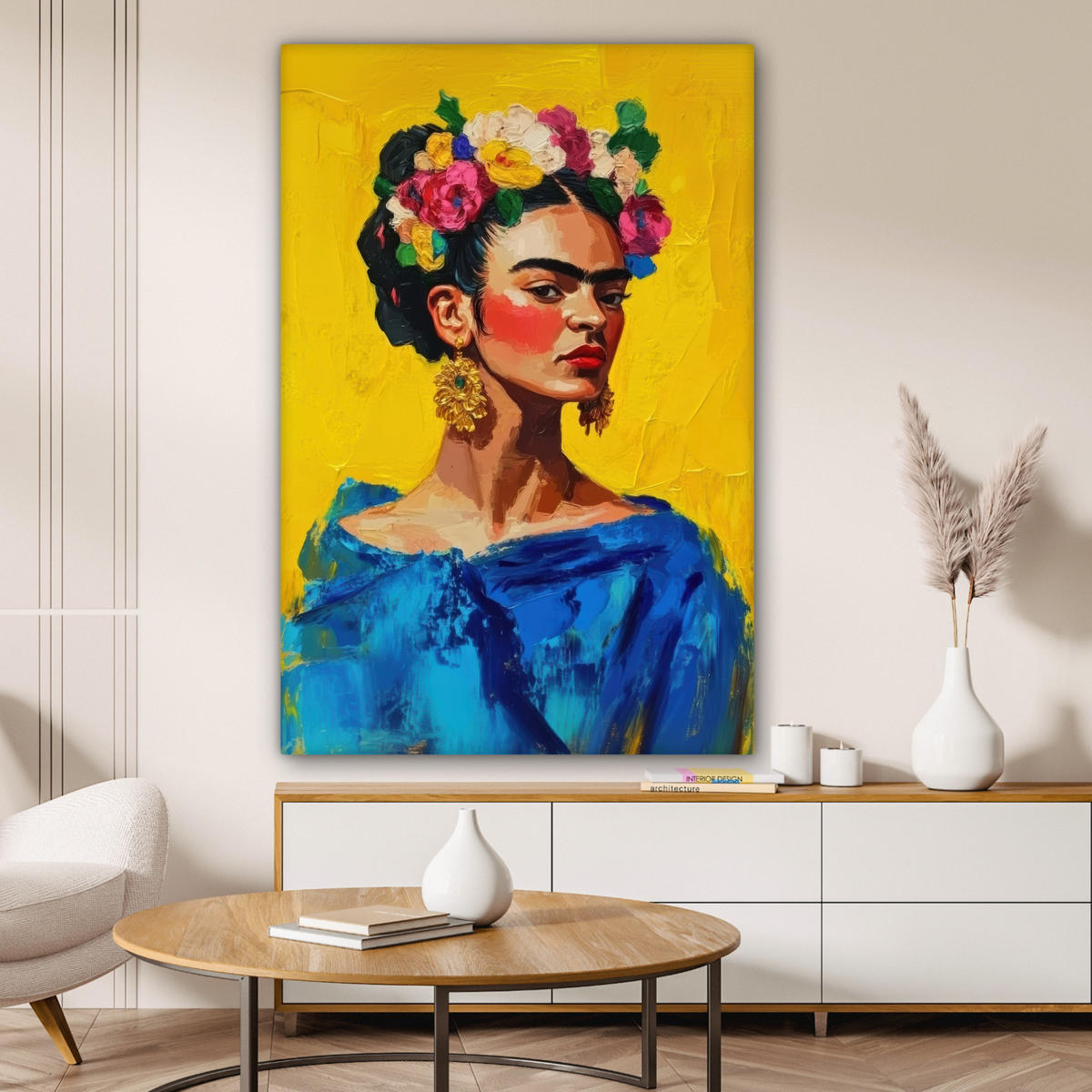 LEINWANDBILD Frida Kahlo - Frau - Gelb - Blau - Blumen 80x120 cm - Gelb, Textil (80/120cm) - MuchoWow