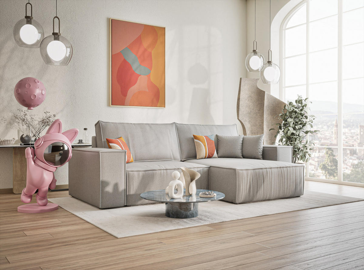 ECKSOFA MIT SCHLAFFUNKTION Zaya Hellgrau Webstoff - Hellgrau/Schwarz, Holz/Holzwerkstoff (255/148cm) - Maison de Reve