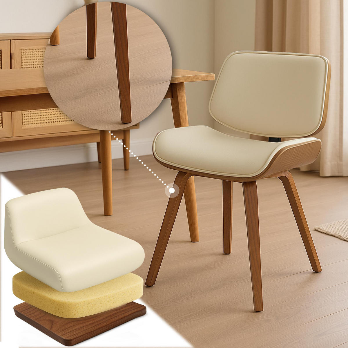 BESUCHERSTUHL Lederlook Walnuss/Creme - Walnussfarben/Creme, Holz/Textil (55/80/41cm) - CLP