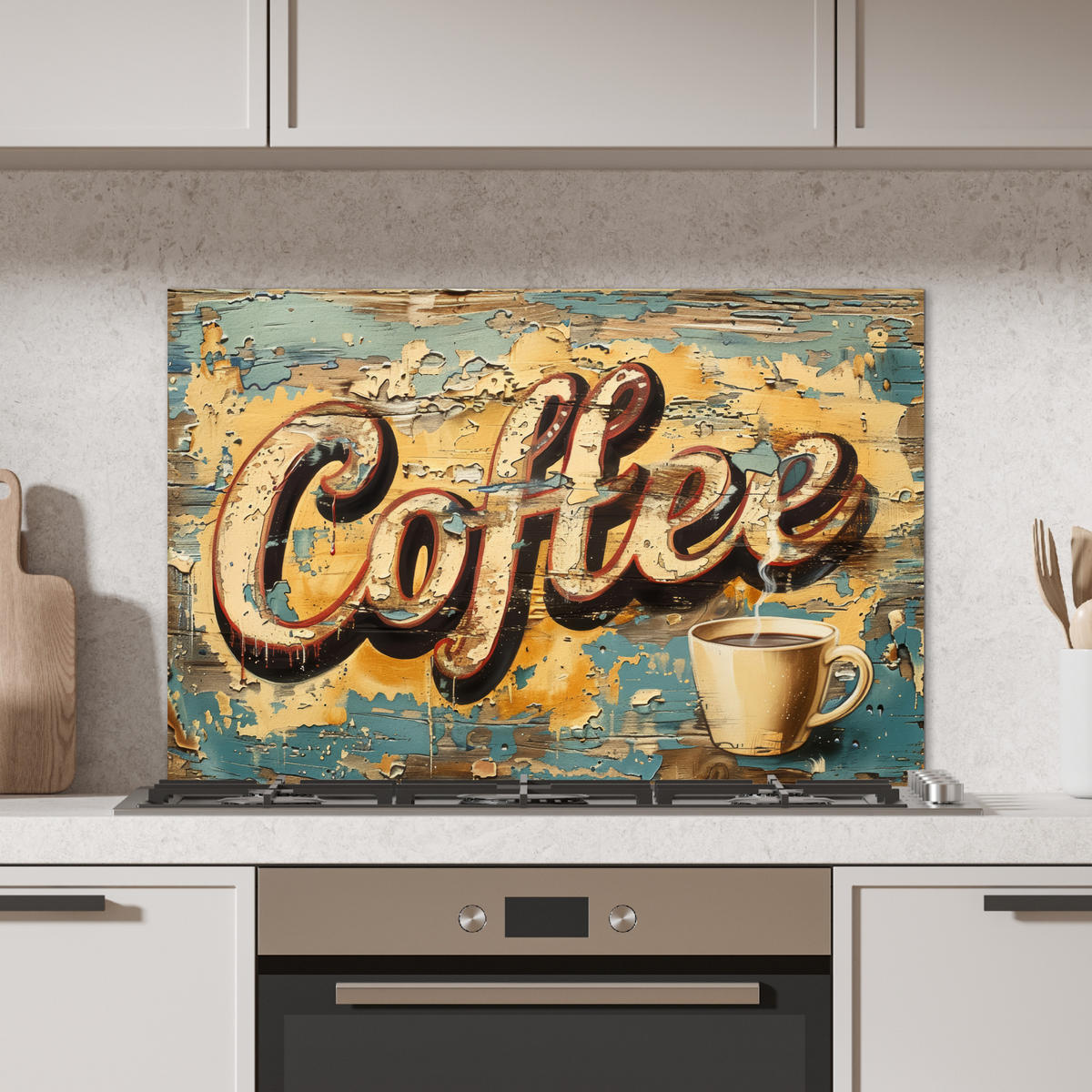 SPRITZSCHUTZ KÜCHE Kaffee - Vintage - Braun - Tasse 90x60 cm - Teakfarben, Metall (90/0.3/60cm) - MuchoWow