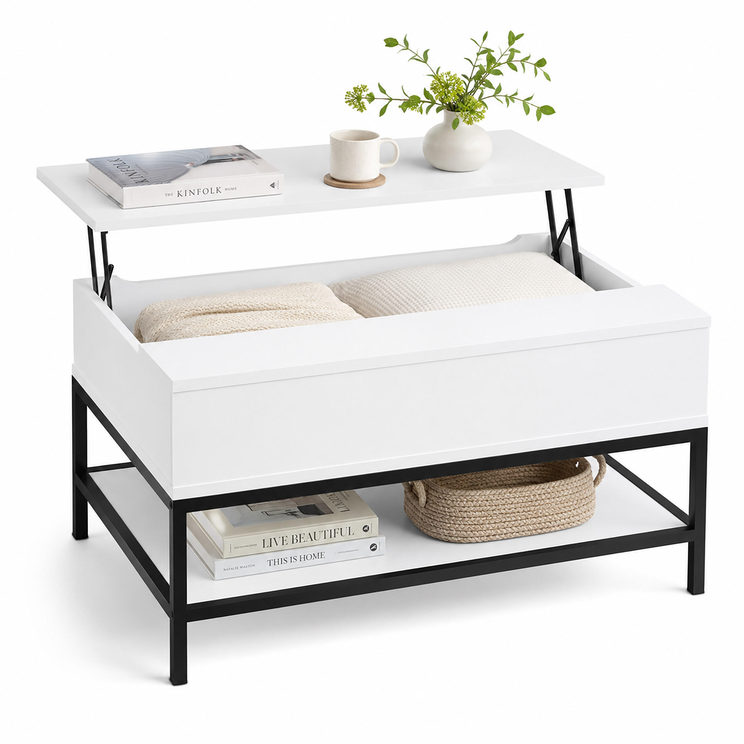 COUCHTISCH Schwarz aufklappbar höhenverstellbar 90x60 cm - Weiß, Holzwerkstoff/Metall (90/86.5/58cm) - Relaxdays