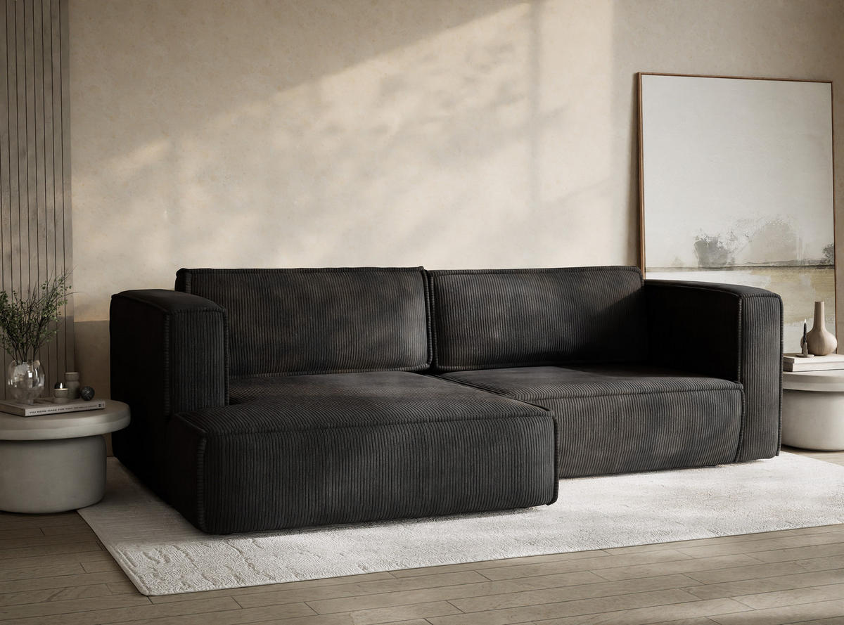 ECKSOFA MIT SCHLAFFUNKTION Velto Anthrazit Samtstoff - Anthrazit/Schwarz, Holz/Holzwerkstoff (152/250cm) - Maison de Reve