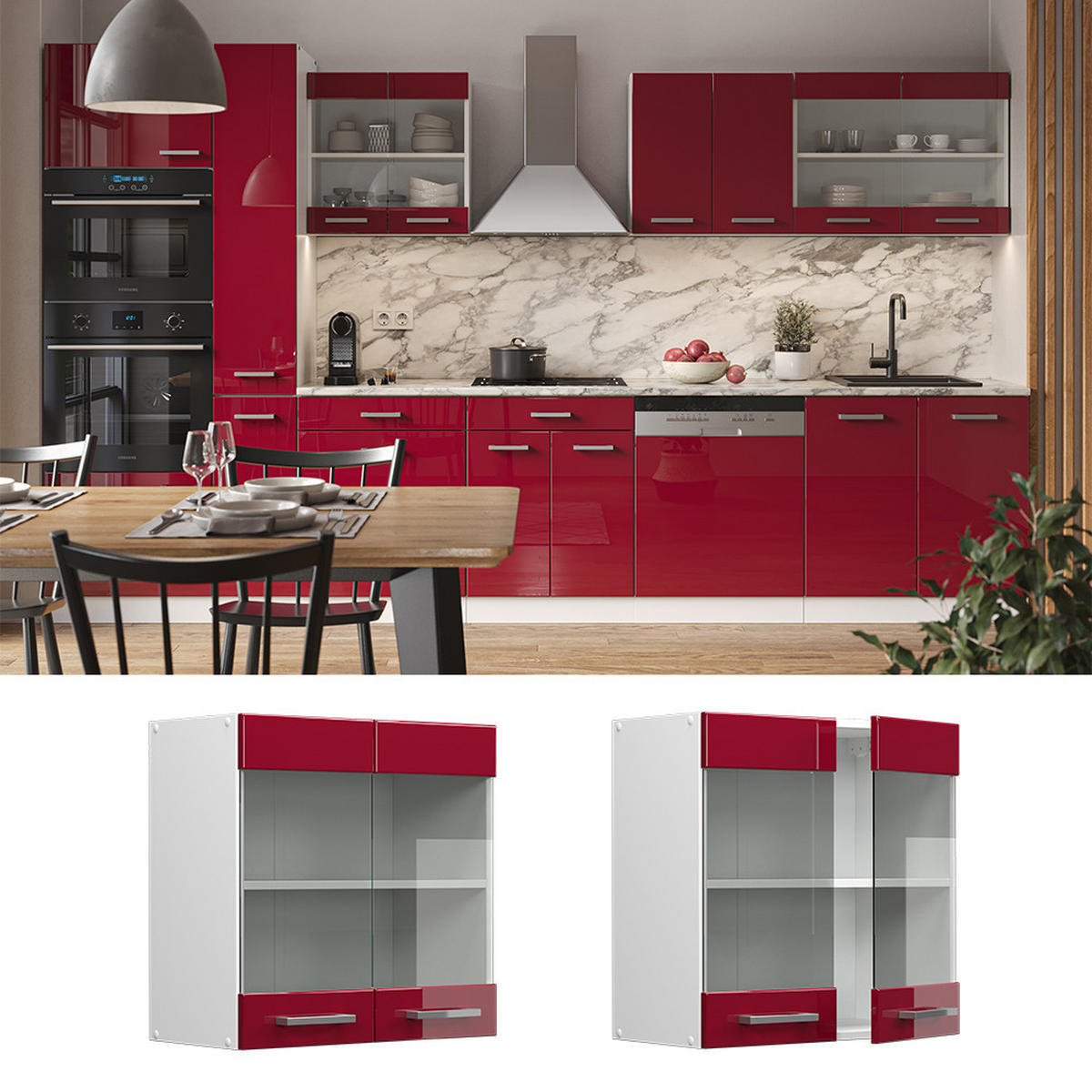 KÜCHENGLASSCHRANK R-Line Rot Hochglanz 60 cm - Bordeaux/Rot, Holzwerkstoff (60/60/31cm) - Vicco
