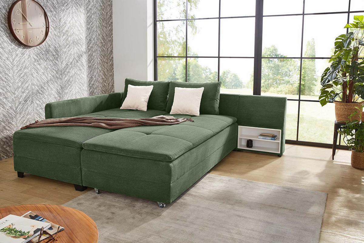 ECKSOFA-DAUERSCHLÄFER Doppelbett Boxspring Federkern Topper, seitenverkehrt montierbar B306/T223/H95 cm, Cord Grün / 15164 - Schwarz/Grün, Kunststoff/Textil (306/223cm) - luma-home