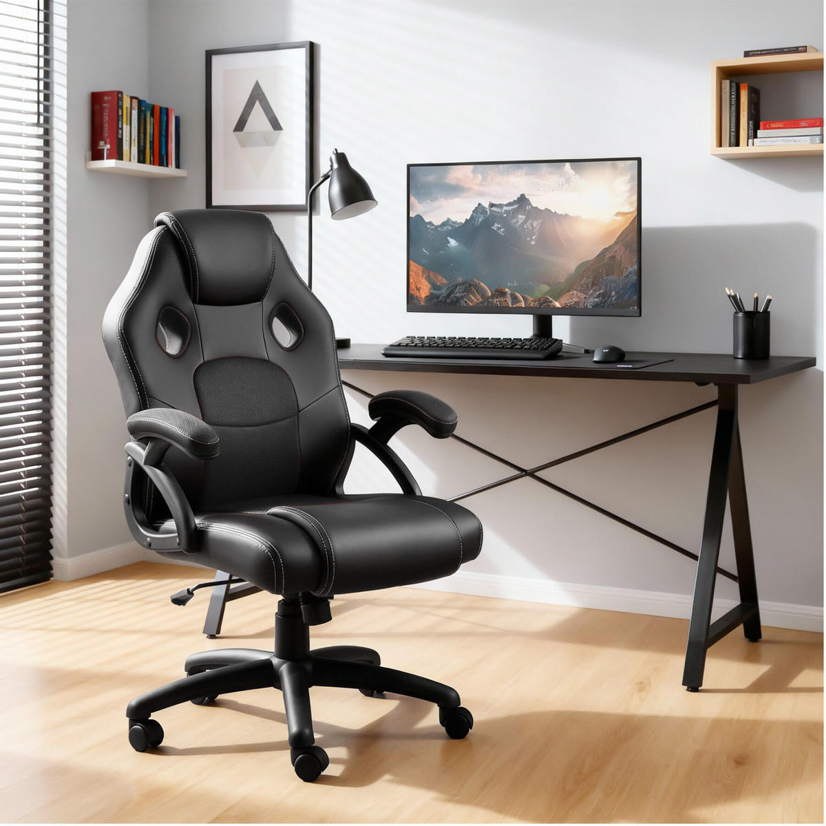 BÜROSTUHL Mike,stufenlos höhenverstellbar,schwarz - Schwarz, Leder (68/114.5/69cm) - tectake