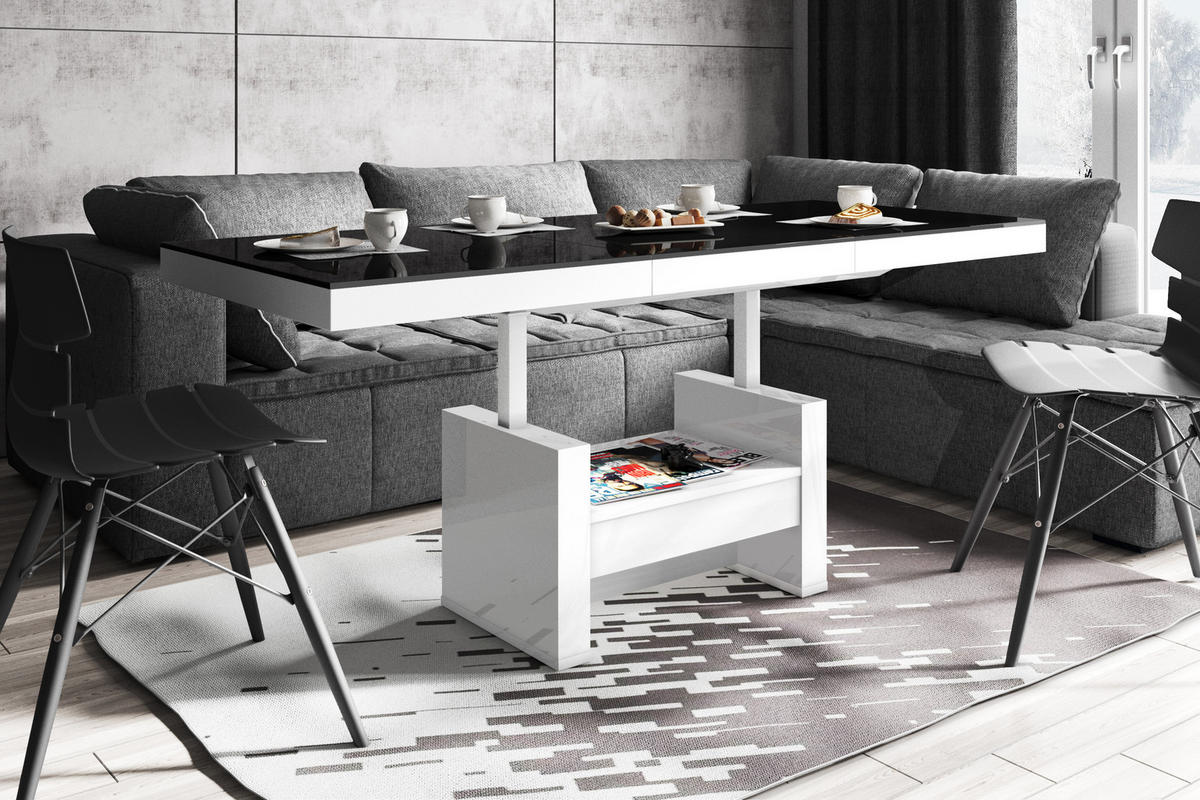COUCHTISCH rechteckig Schwarz Weiß Hochglanz Höhenverstellbar ausziehbar 12/75/55 cm - Schwarz Hochglanz/Weiß Hochglanz, Holzwerkstoff (75/120/55cm)
