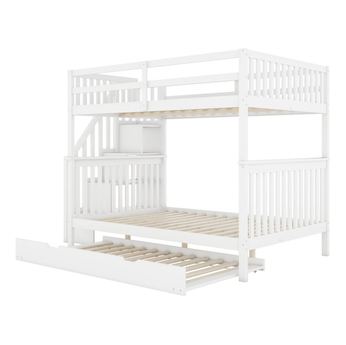 ETAGENBETT 140/200 cm in Weiß mit Treppenregal und Rollbett - Weiß, Holz (140/200cm) - OKMYHOME