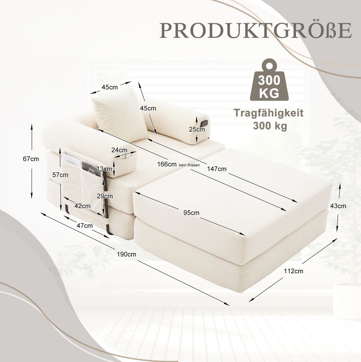 SCHLAFSOFA aus Cord 112x190x67 cm Beige mit Hocker, Seitentasche und Kissen, montagefrei - Beige, Textil (112/67/190cm) - Modfu