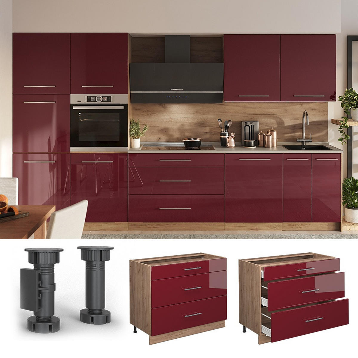 KÜCHENUNTERSCHRANK Fame-Line, Bordeaux Hochglanz/Goldkraft Eiche, 100 cm, AP Anthrazit - Honigeiche/Bordeaux, Holzwerkstoff (100/82/60cm) - Vicco