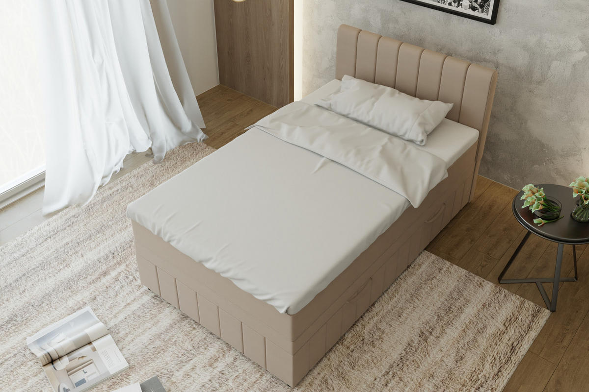 BOXBETT AVALON 120 x 200 cm mit Bettkasten und Topper - Beige - Beige, Holz - Panda Möbel