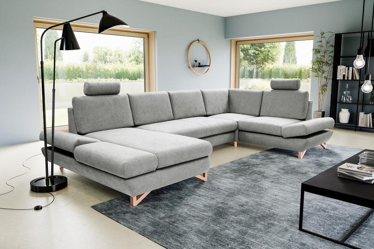 WOHNLANDSCHAFT CASA IV R-S Grau Plüsch-Stoff mit Schlaffunktion - Grau, Holz (344/100/199cm) - MASSENO