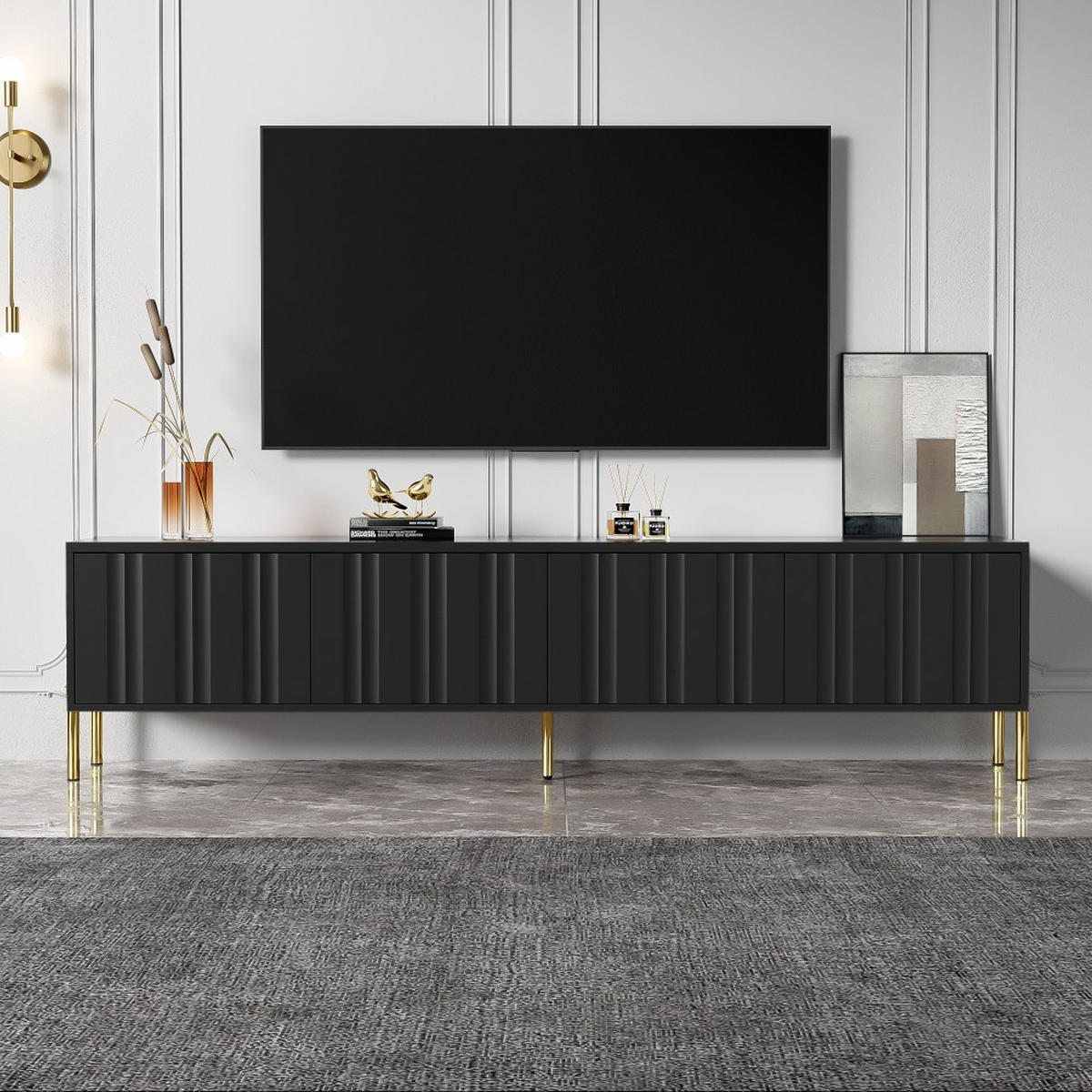 LOWBOARD 190 cm(L) x 38 cm(W) x 48 cm(H) in Schwarz mit goldene Tischbeine - Schwarz, Holz (38/48/190cm) - KOMHTOM