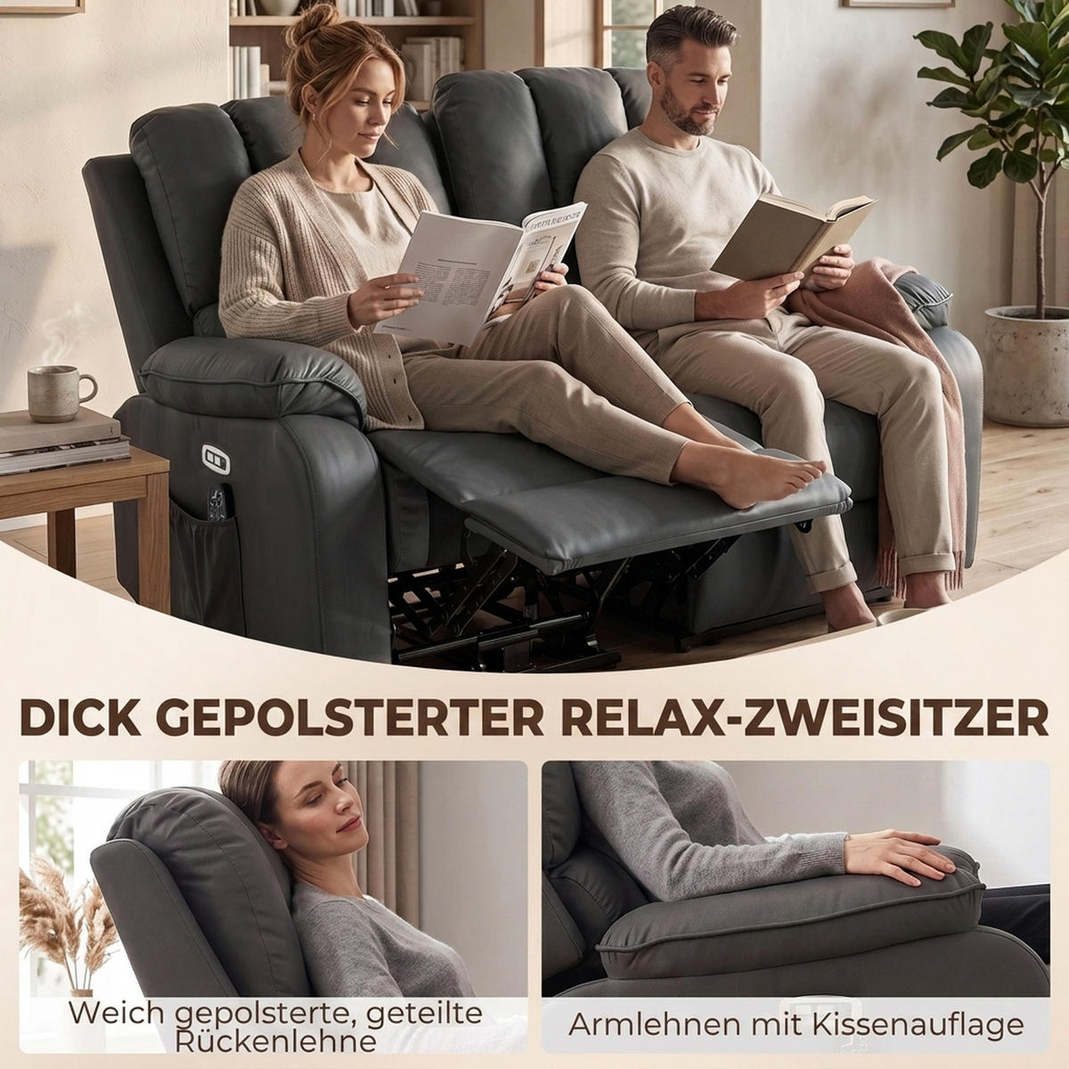 RELAXSOFA Polyester Polyester - Dunkelgrau/Schwarz, Holzwerkstoff/Textil (91/102/145cm) - HOMCOM