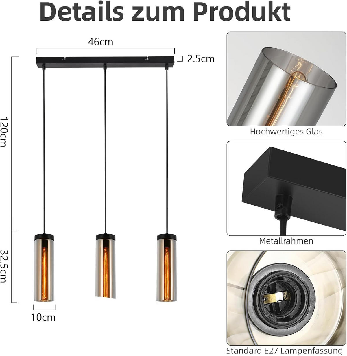 HÄNGELEUCHTE Kessm 46/10/150 cm - Schwarz, Glas/Metall (46/10/150cm) - ZMH