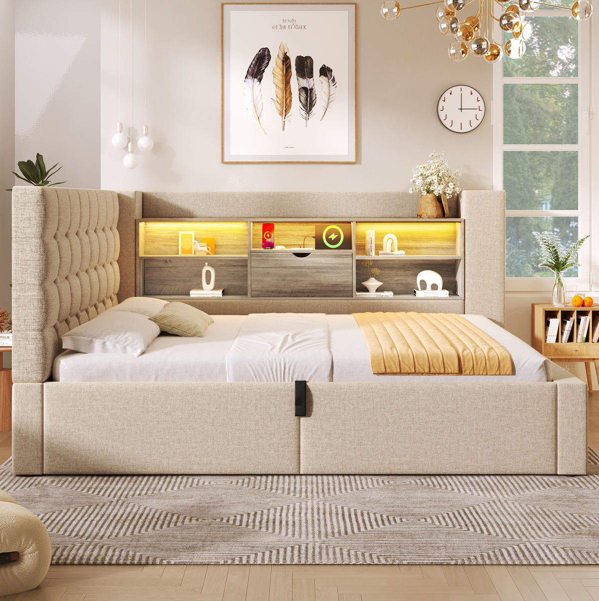 BETT mit Stauraum und LED 90x200 cm Leinen Beige - Beige, Metall (90/200cm) - Meubliv