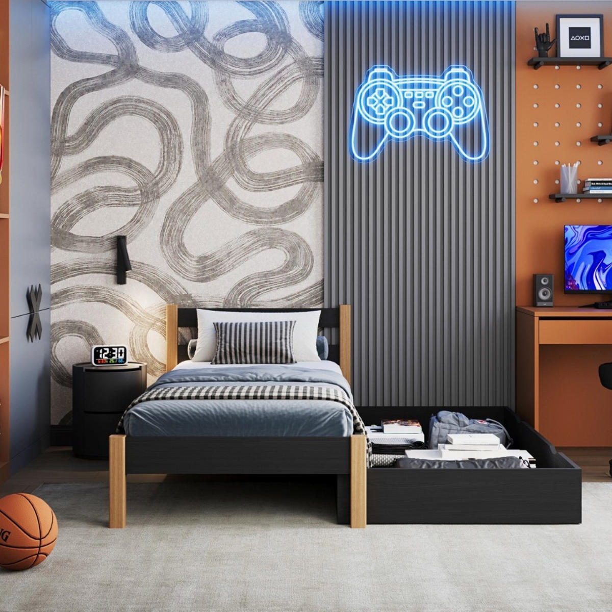 BETT mit Schublade N01 Schwarz / Eiche Natur 90/190 - Schwarz/Eiche Artisan, Naturmaterialien/Holz (90/190cm) - N-Wood