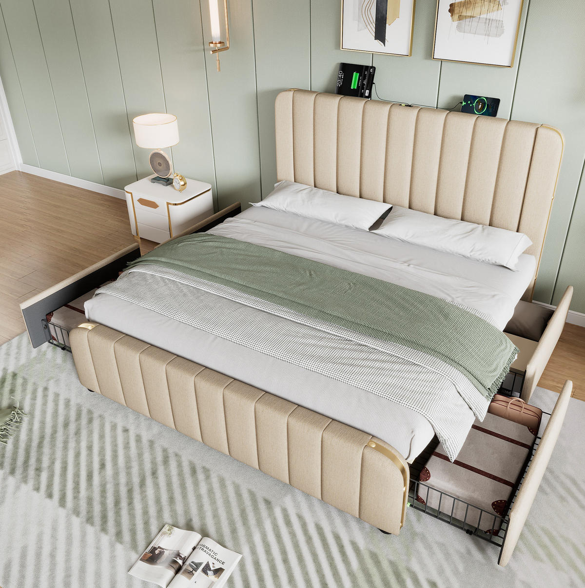 POLSTERBETT aus Leinen 160x200 cm in Beige mit USB- & Typ-C-Ladefunktion - Beige, Textil (160/200cm) - Modfu