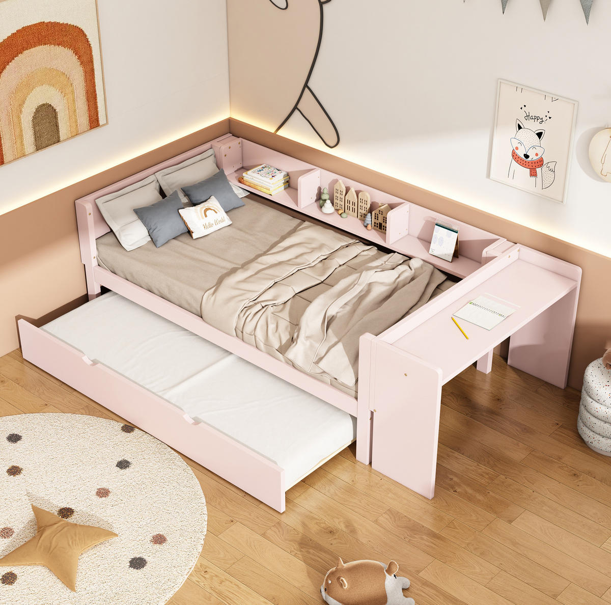 POLSTERBETT aus Kiefernholz 90x200 cm in Rosa mit Rollbett & Schreibtisch - Rosa, Holz (90/200cm) - Modfu