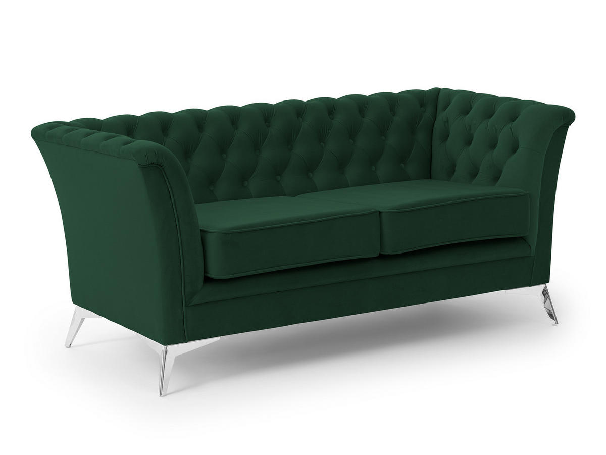 CHESTERFIELD-SOFA 2-sitzer Whitby Flaschengrün Samt mit silbernen Füßen - Dunkelgrün/Silberfarben, Holz/Textil (175/78/82cm) - S-Style Möbel