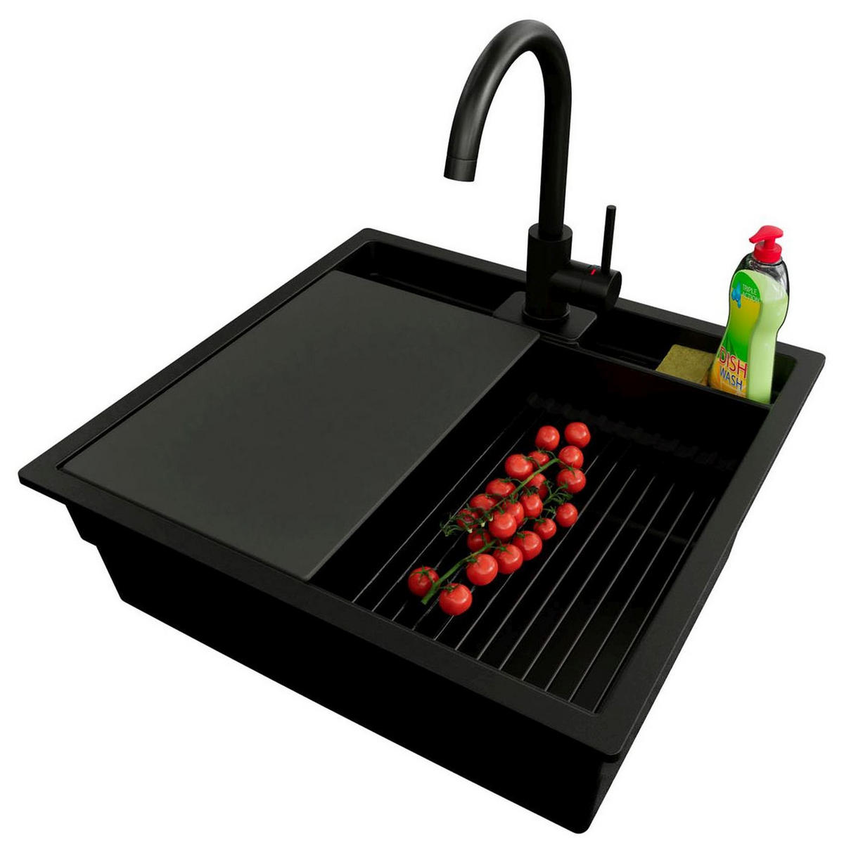 UNTERBAUSPÜLE GRANIT Bergen Pocket, 2-er set Schwarz 56/54 cm 1 Becken + Küchenarmatur 32/20 cm + Ablauf-Set + Küchenzubehörset ab 60er Unterschrank - Schwarz, Kunststoff (56/20/54cm) - Primagran