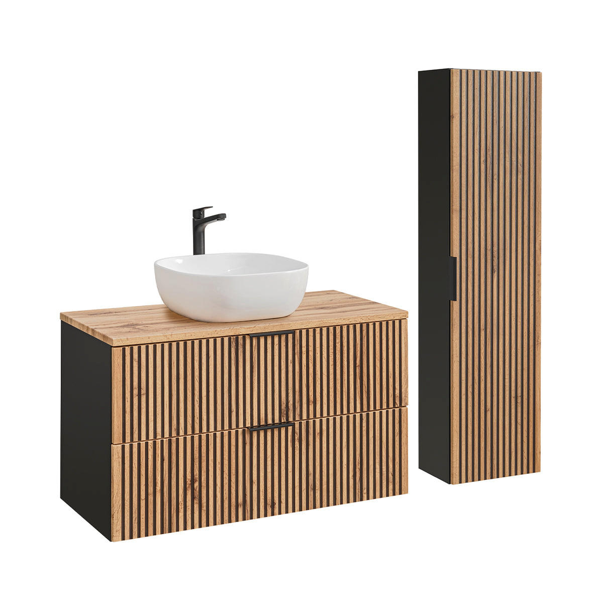 BADMÖBEL 100.6cm Gaia 2er-Set Holz in Eichenoptik und Schwarz - Schwarz, Holzwerkstoff (100.6/59/46cm) - Petits-meubles