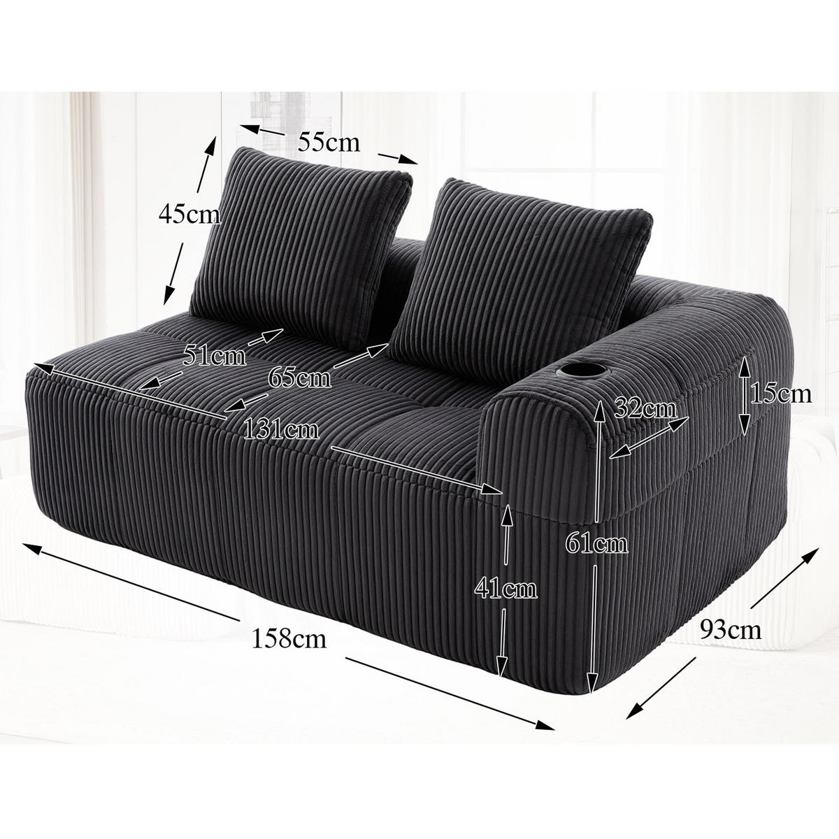 SOFA Modulares 2-Sitzer,Cord, keine Montage erforderlich, Grau - Grau, Textil (93/61/158cm) - Meubles Cosy