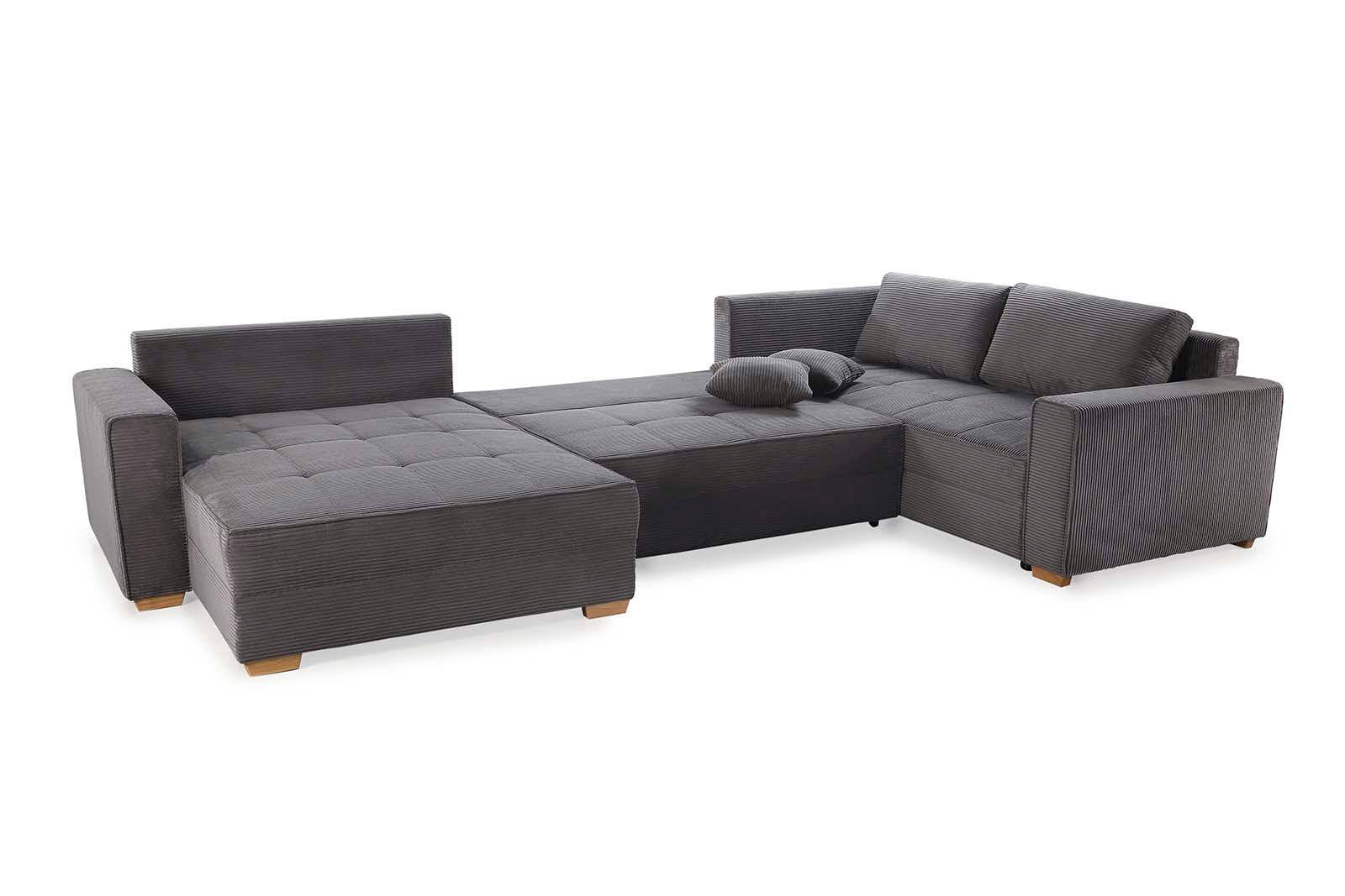 WOHNLANDSCHAFT Schlaffunktion Bettkasten Wellenunterfederung, spiegelverkehrt montierbar U-Form B379/T227/H86 cm, Cord Grau Anthrazit / 15198 - Schieferfarben/Eichefarben, Holz/Textil (379/86/227cm) - luma-home