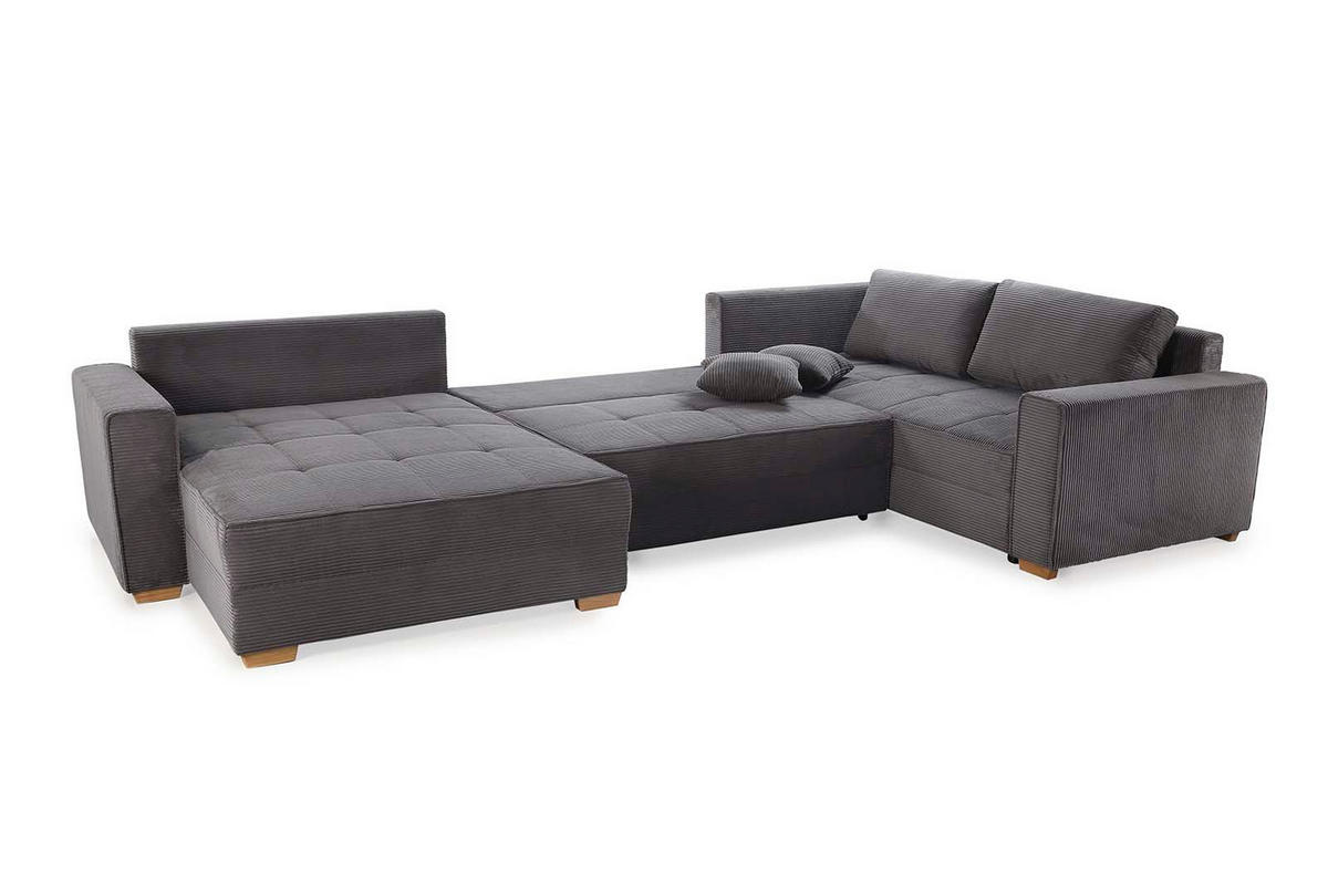 WOHNLANDSCHAFT Schlaffunktion Bettkasten Wellenunterfederung, spiegelverkehrt montierbar U-Form B379/T227/H86 cm, Cord Grau Anthrazit / 15198 - Schieferfarben/Eichefarben, Holz/Textil (379/86/227cm) - luma-home