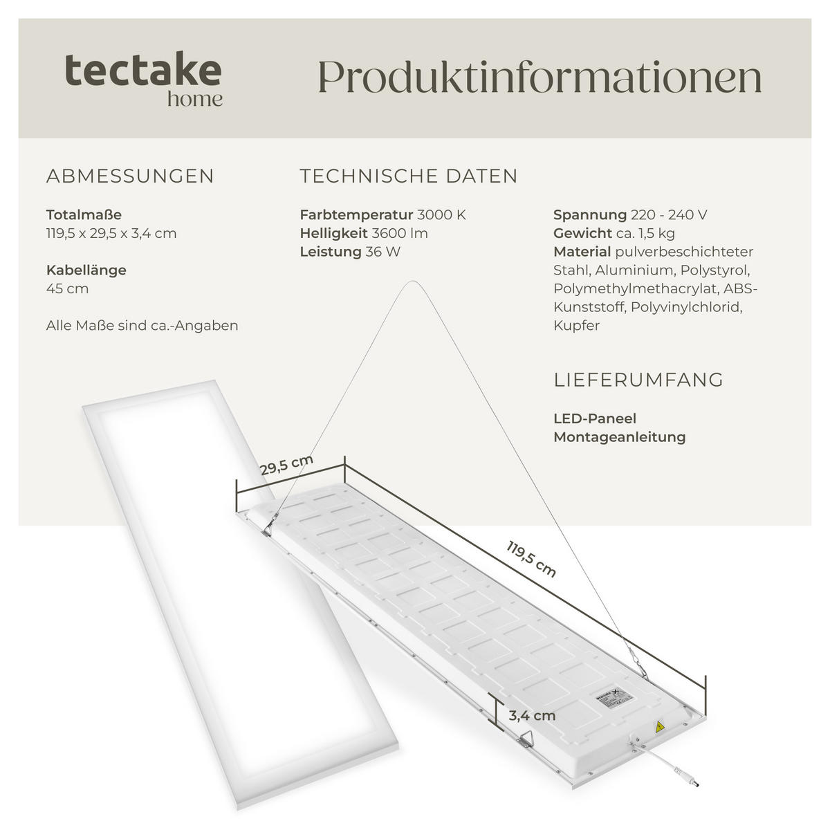 LED-PANEEL Lucerna,vielseitige Einsatzmöglichkeiten,weiß - Weiß, Textil (119.5/29.5/3.4cm) - tectake