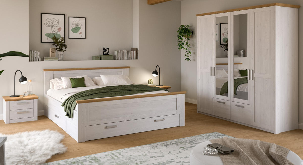 NACHTTISCH weiß Lärche, Eiche Artisan Landhaus 56 x 43 cm, Nachtkommode mit Schubkästen - Eichefarben/Silberfarben, Holzwerkstoff/Kunststoff (56/43/39cm) - Inn.Furn